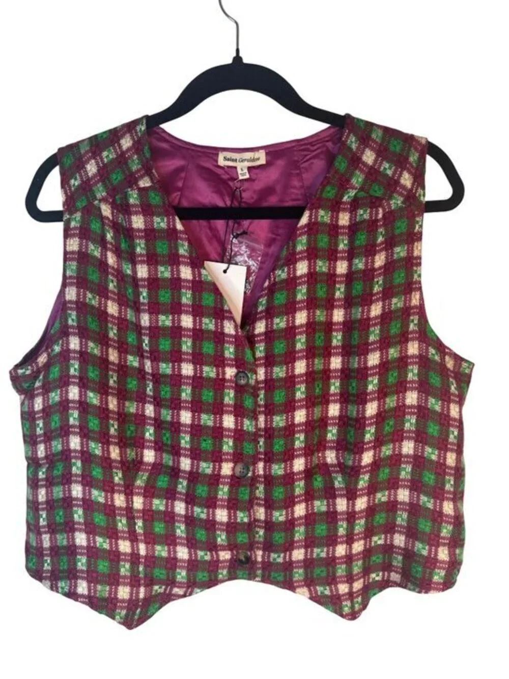 New Saint Geraldine Extra Large Plaid Button-Up Vest With Satin Lining